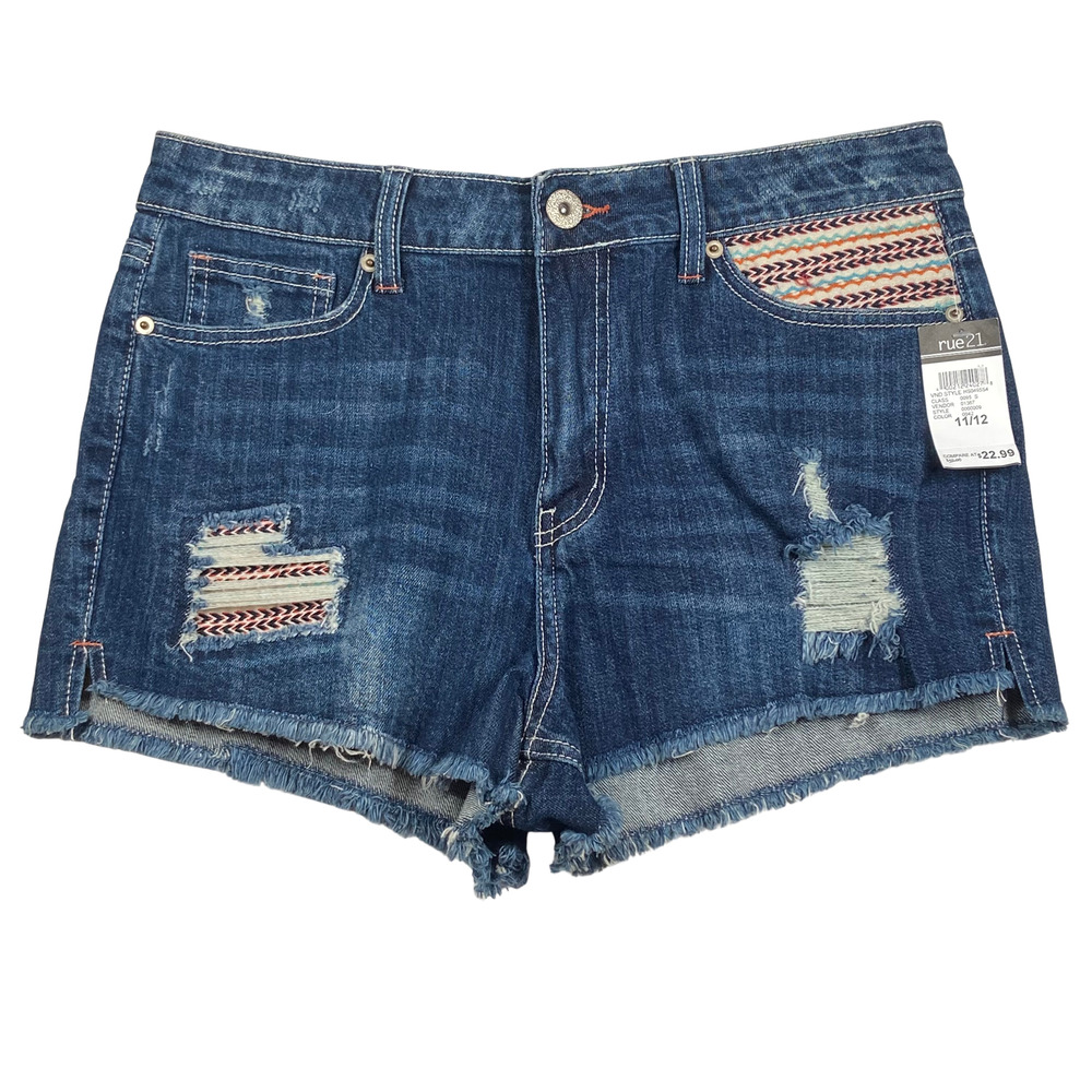 Rue21 Shorts Womens 11/12 Blue Distressed Denim High Waisted Embroidered Pockets